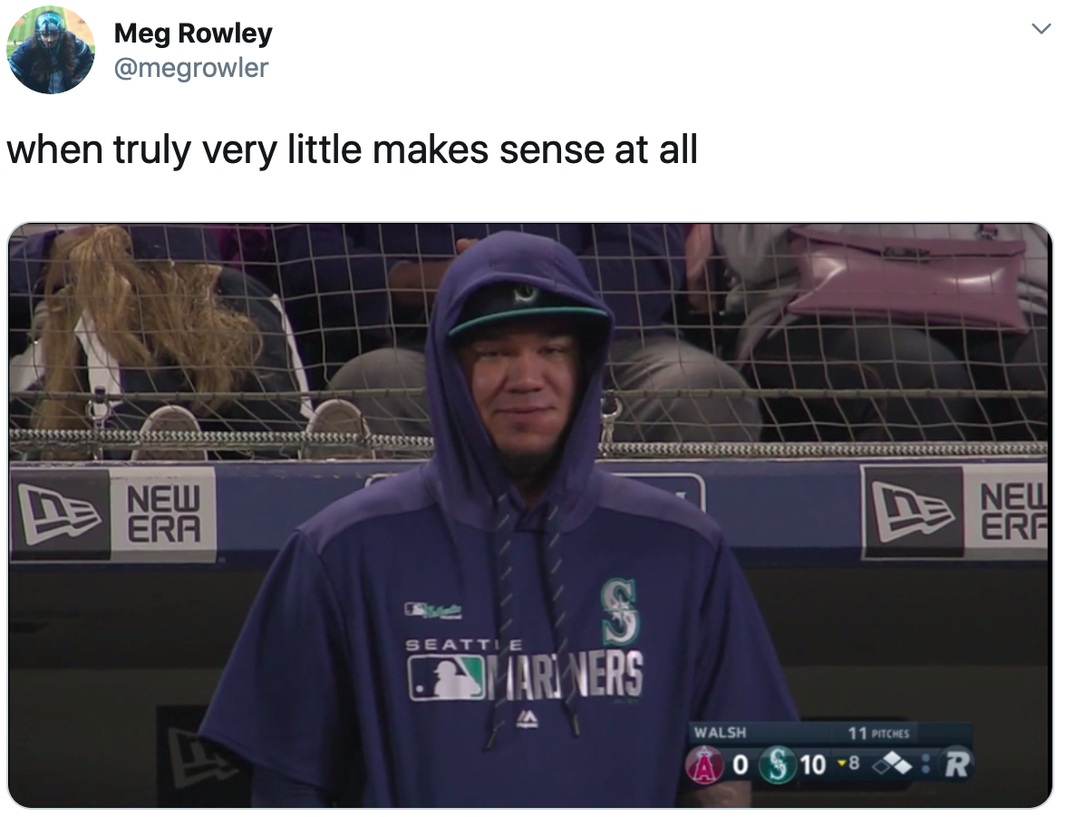 Tweet from @megrowler that says "when truly very little makes sense at all" with a photo of a Seattle Mariners player