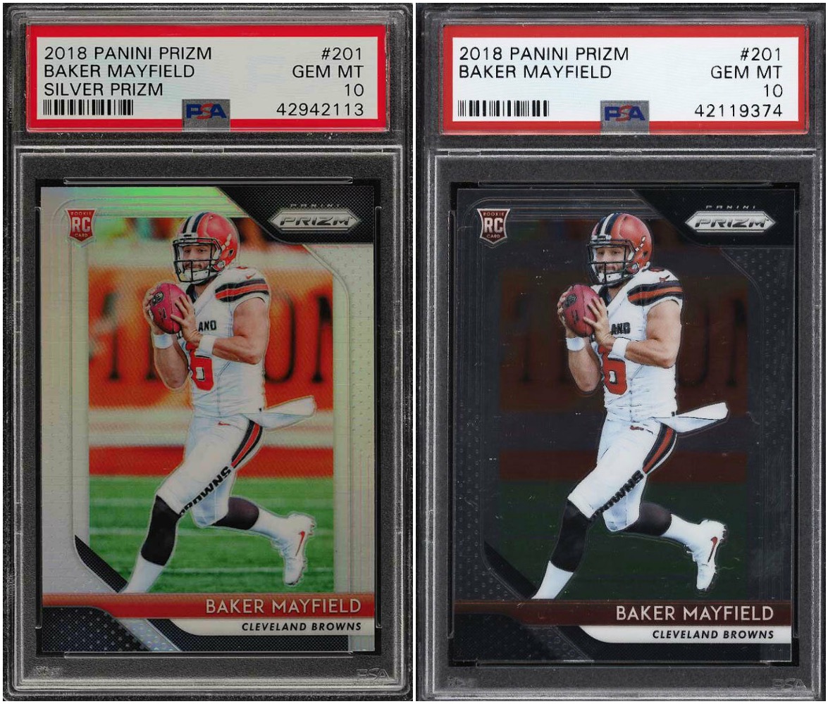 Two images of 2018 Panini Prizm Baker Mayfield sports trading cards