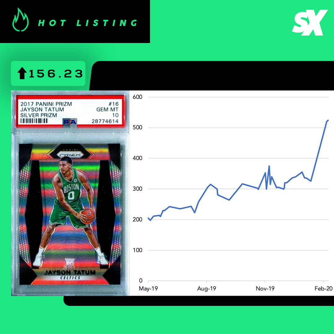 SlabStox hot listing graphic for 2017 Panini Prizm Jayson Tatum Silver Prizm sports trading card