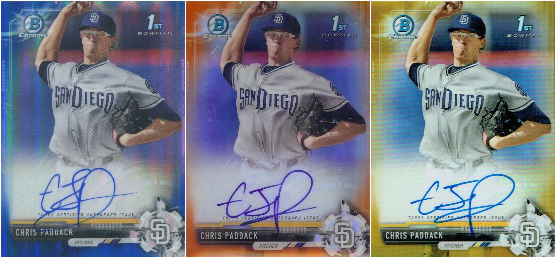 Three images of Chris Paddack sports trading cards