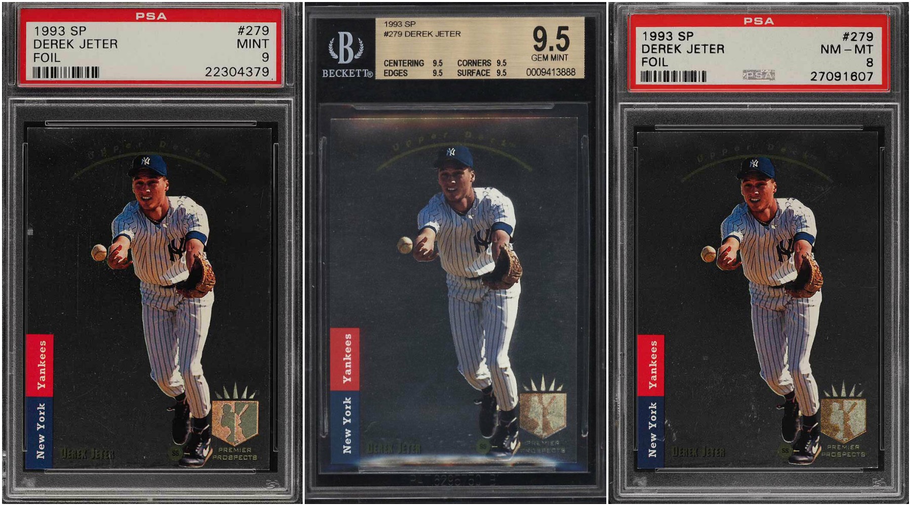 Three images of Derek Jeter sports trading cards