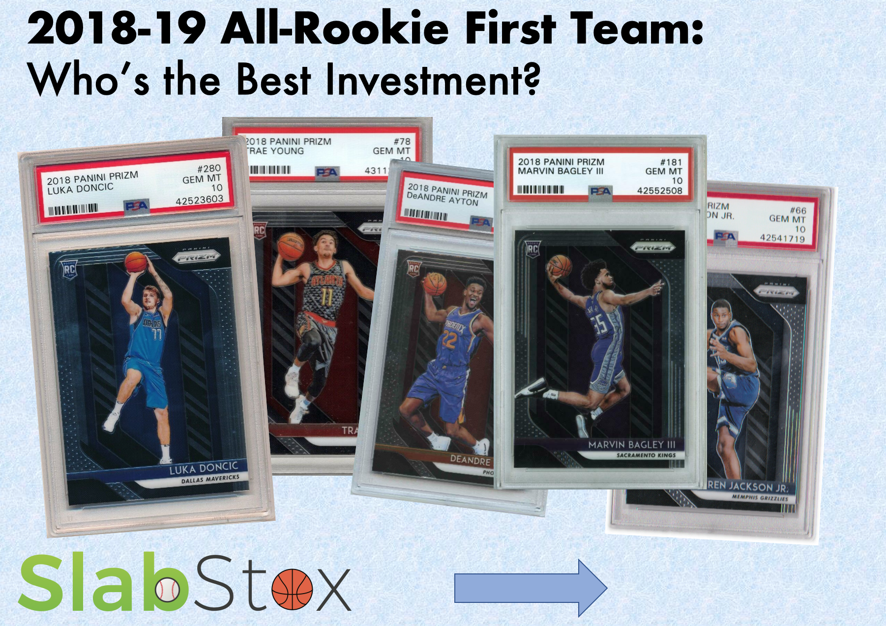 SlabStox gaphic with four sports cards that says "2018-19 All-Rookie First Team: Who's the Best Investment?"