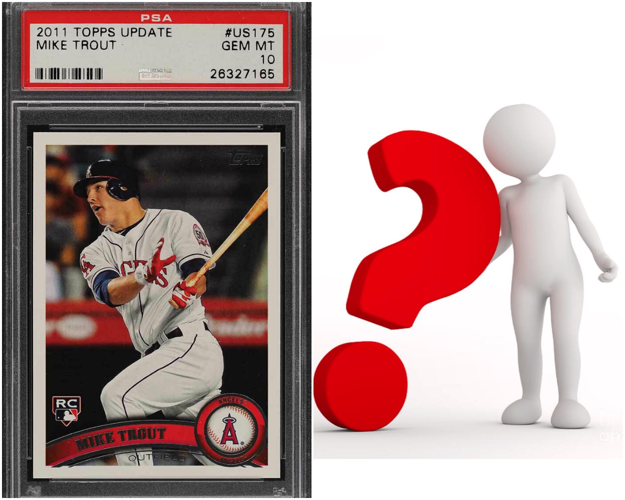 SlabStox graphic of 2011 Topps Update Mike Trout sports trading card and icon man holding question mark