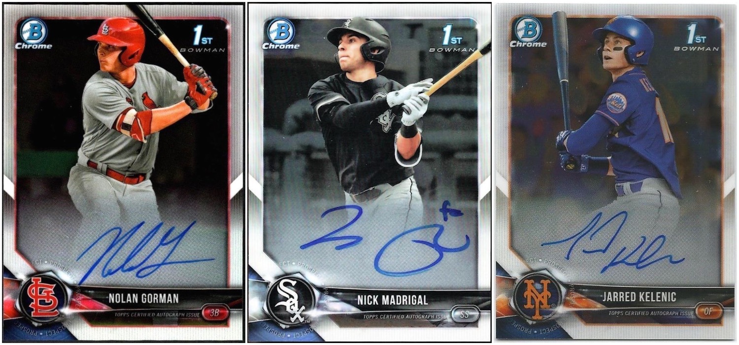 Three sports cards in a row of Nolan Gorman, Nick Madrigal, and Jarred Kellenic