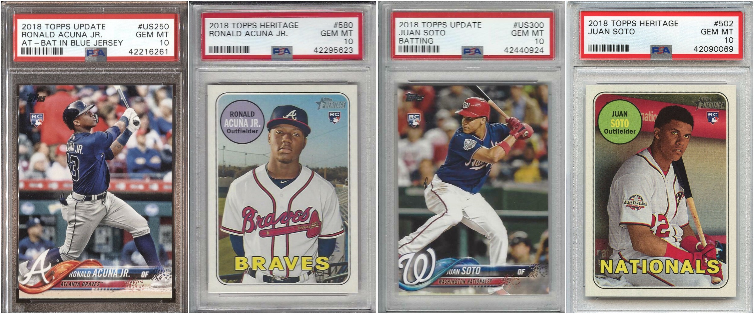 Four baseball cards, two of Ronald Acuña, Jr., and two of Juan Soto