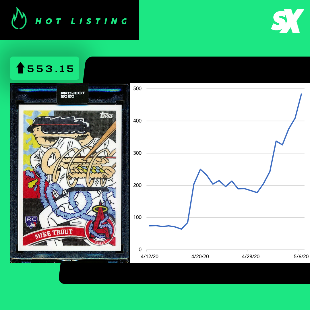 SlabStox hot listing graphic for Mike Trout Topps Project 2020 by artist Ermsy (2011 Update RC) sports trading card