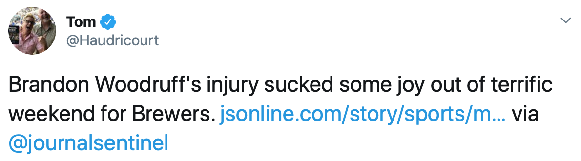 Tweet from @haudricourt about Brandon Woodruff's injury