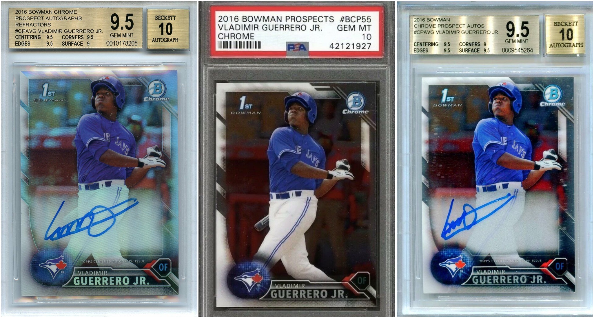Three images of Vladmir Guerrero, Jr. sports trading cards
