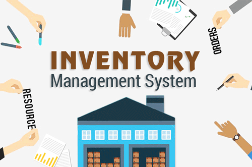 Graphic for Inventory Management System with a house filled with boxes in the middle and hands and office supplies around the border.