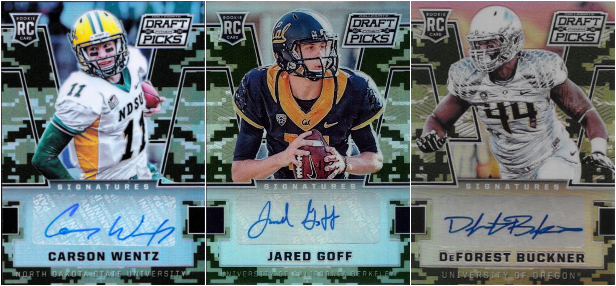 Image of three sports trading cards: Carson Wentz, Jared Goff, and DeForest Buckner