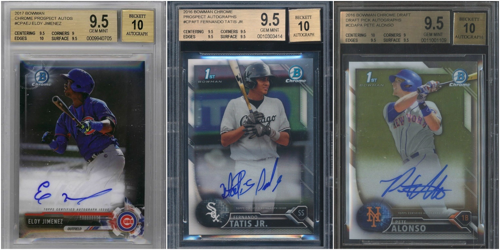 Three images of sports trading cards of Eloy Jiminez, Fernando Tatis Jr., and Pete Alonso