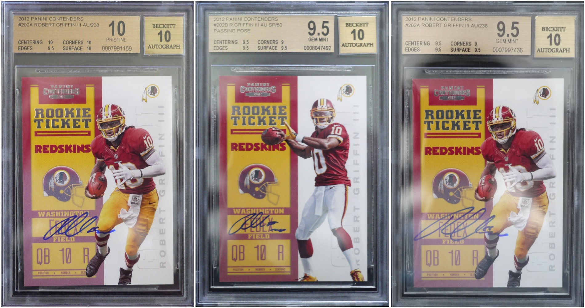 Three images of Robert Griffin III sports trading cards