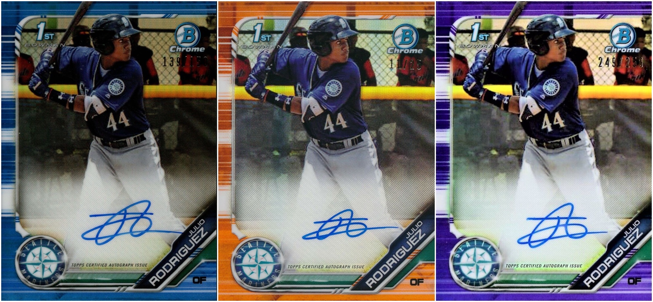 Three images of Julio Rodriguez sports trading cards