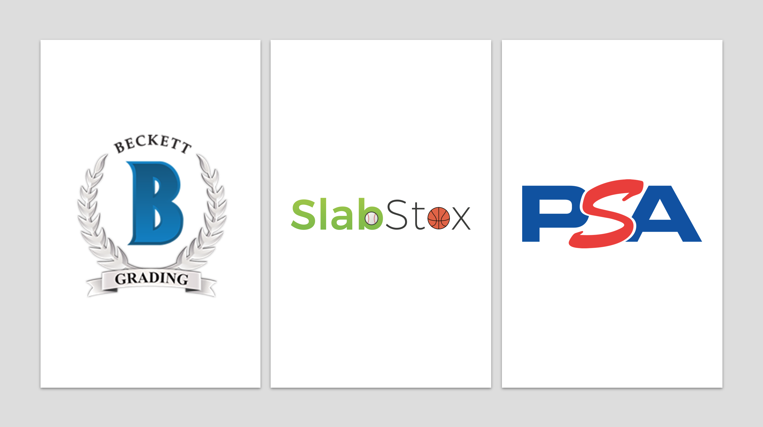 Collage of three business logos side by side: Beckett Grading, SlabStox, and PSA