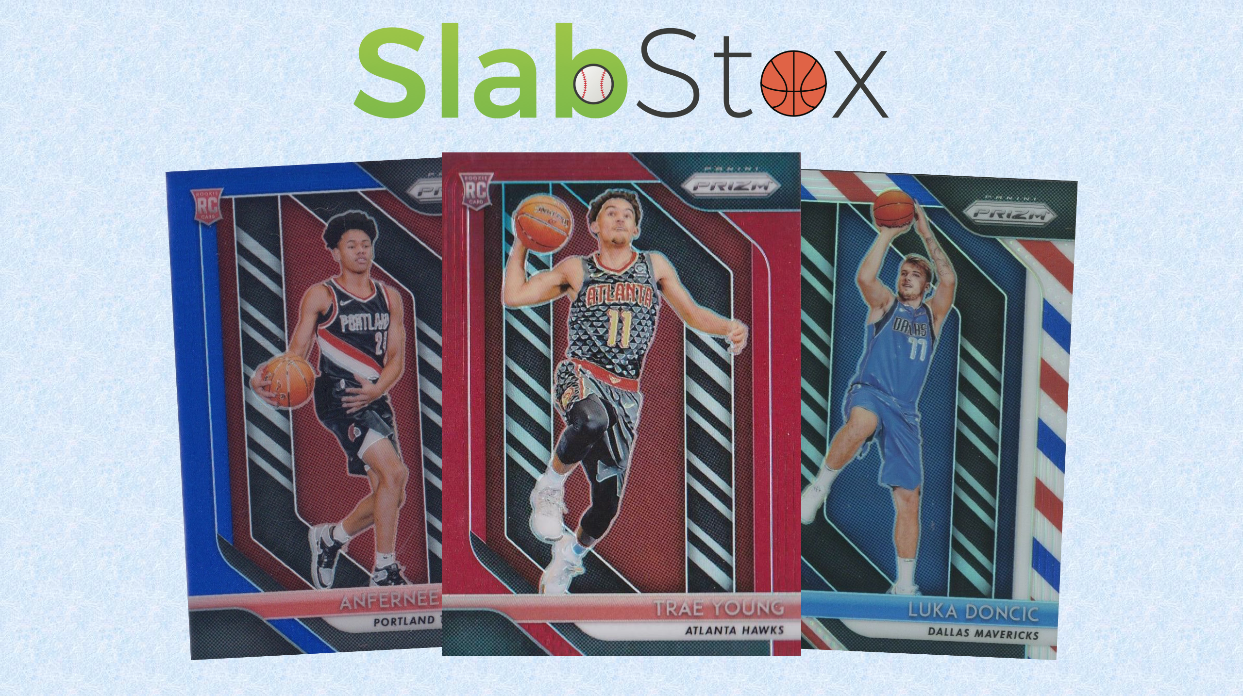 SlabStox graphic of three Trae Young sports trading cards