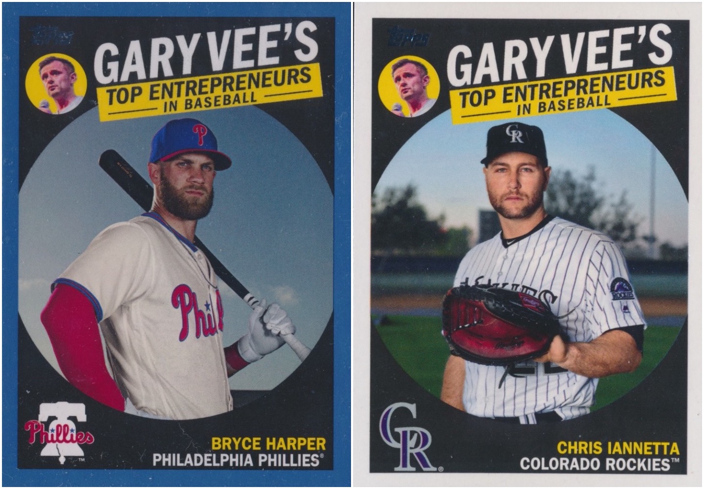 Two images of baseball sports trading cards: Bryce Harper and Chris Iannetta