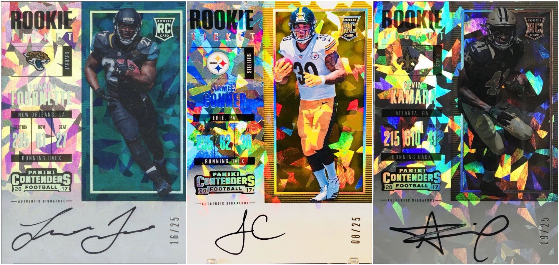 Line up of three rookie cards for sports card trading