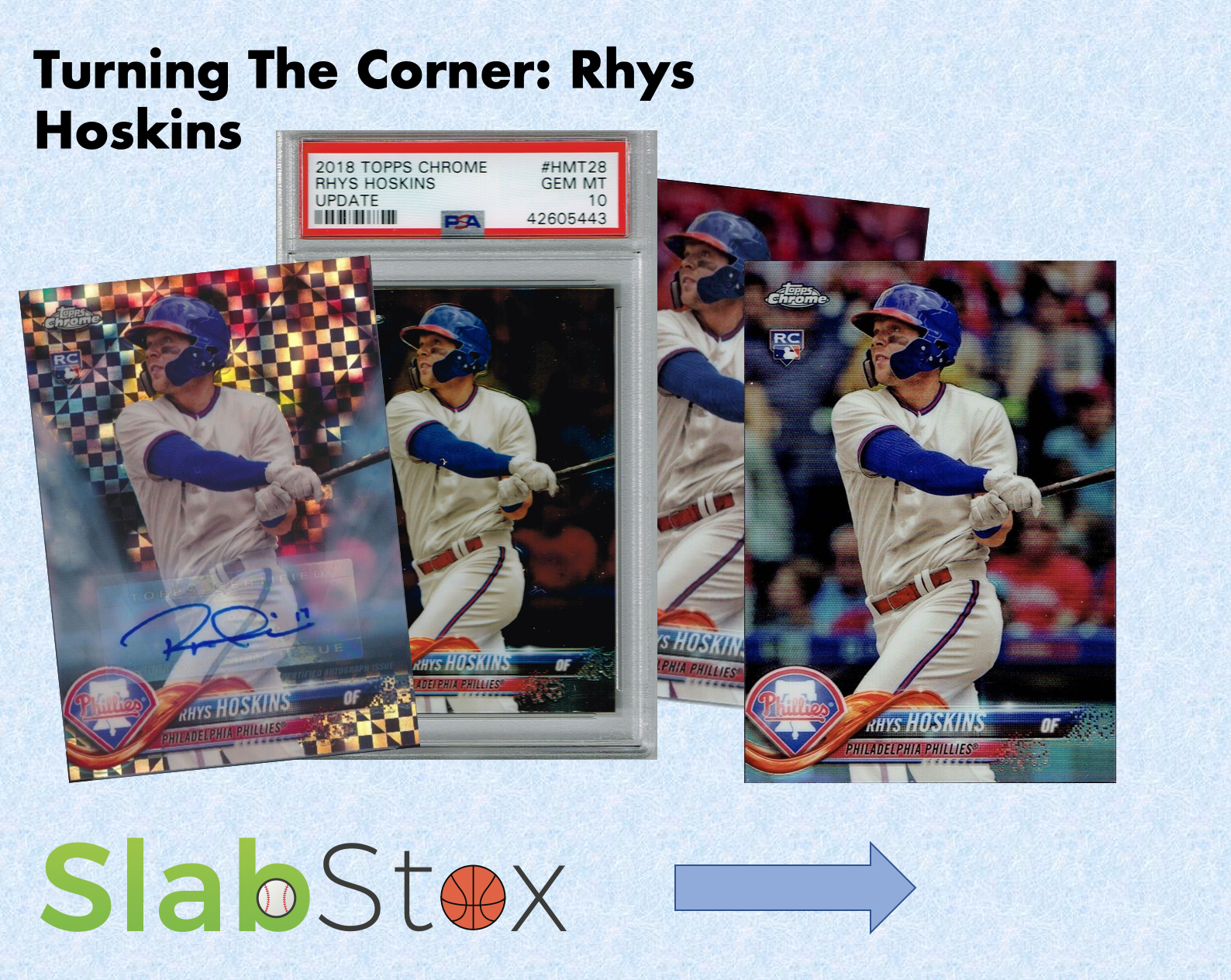 Graphic of different Rhys Hoskins cards by SlabStox that says "Turning The Corner"