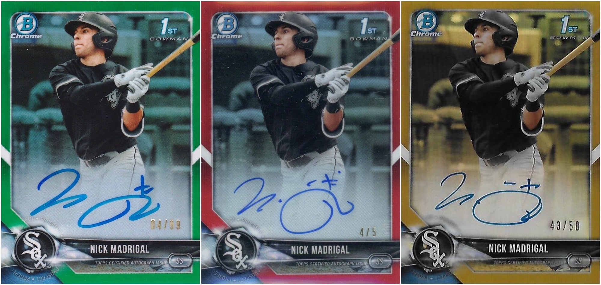 Three images of Nick Madrigal sports trading cards