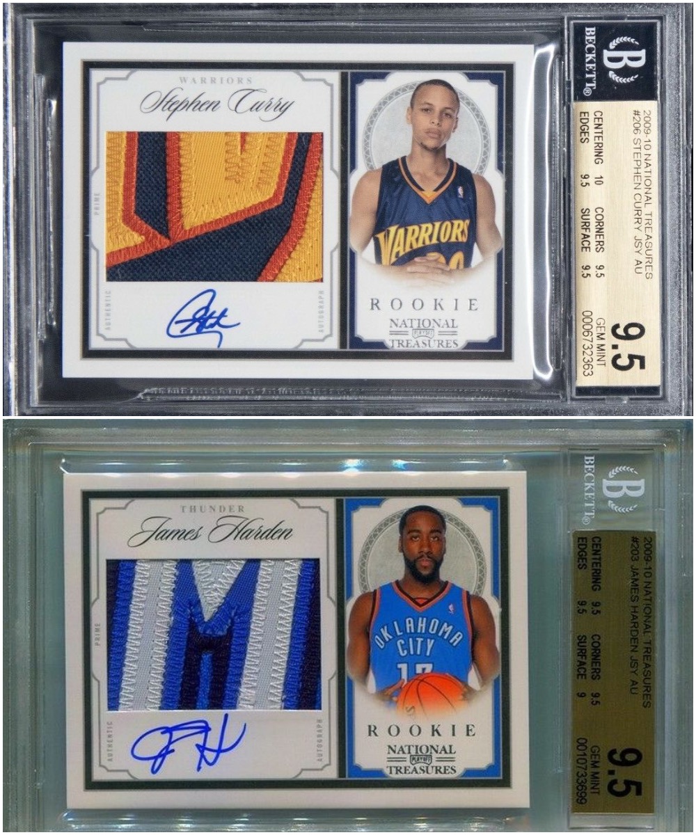 Images of Stephen Curry and James Harden sports trading cards