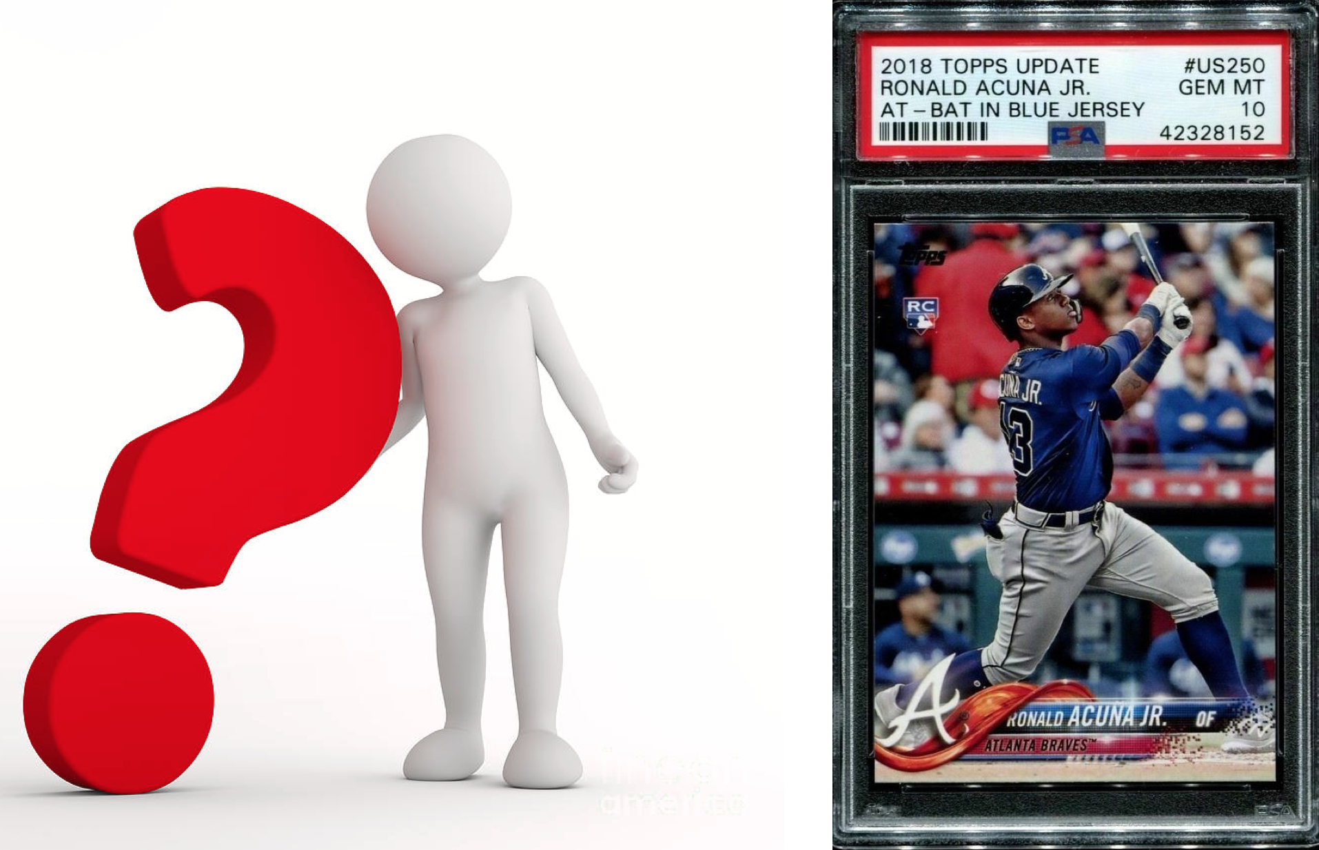 Image of man holding question mark next to Ronald Acuña Jr. sports trading card