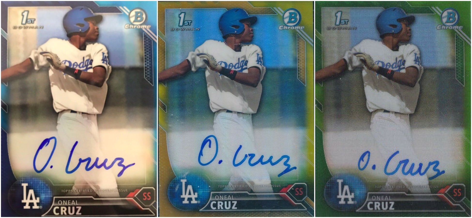 Three images of Oneil Cruz sports trading cards