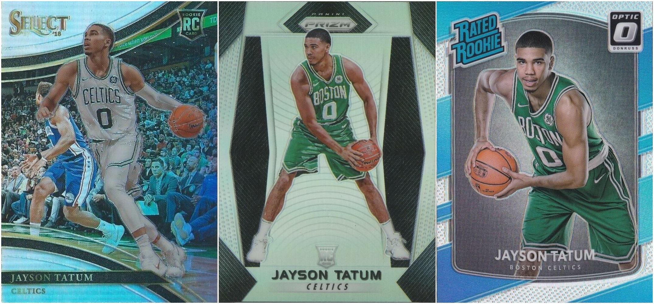 Three images of Jayson Tatum sports trading cards