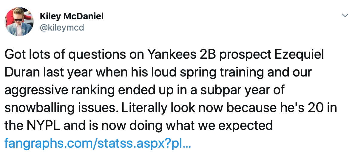 Tweet from Kiley McDaniel about the Yankees 2B prospect Ezequiel Duran