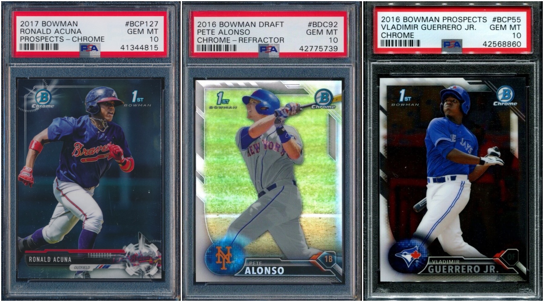 Three baseball sports trading cards: Ronald Acuña, Pete Alonso, and Vladmir Guerrero, Jr.