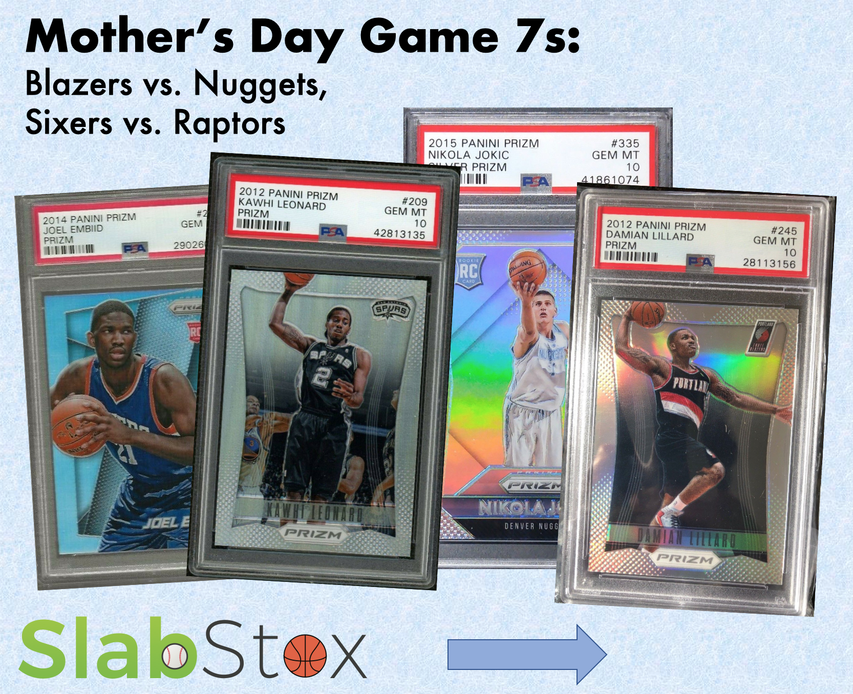 SlabStox graphic for Mothers' Day Game 7s: Blazers vs. Nuggets and Sixers vs. Raptors
