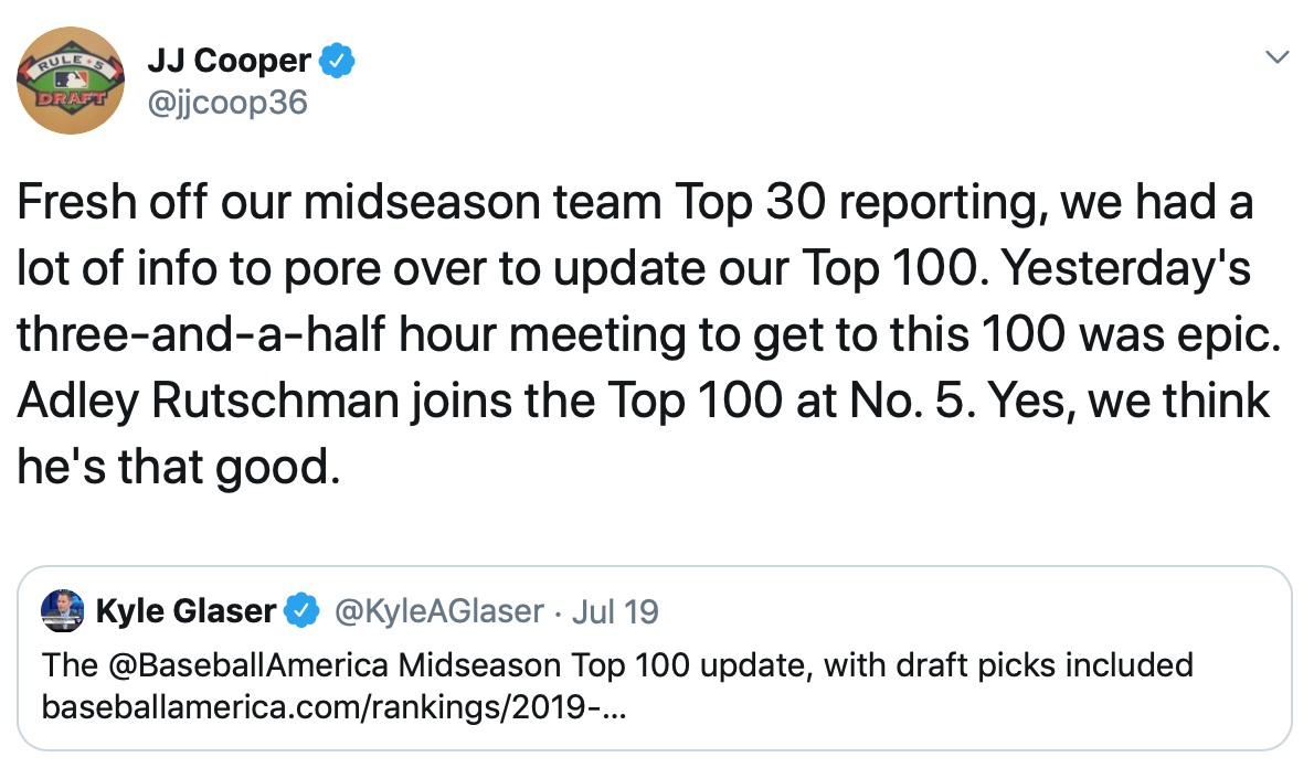 Tweet from @jjcoop36 about the mid-season team top 100 update
