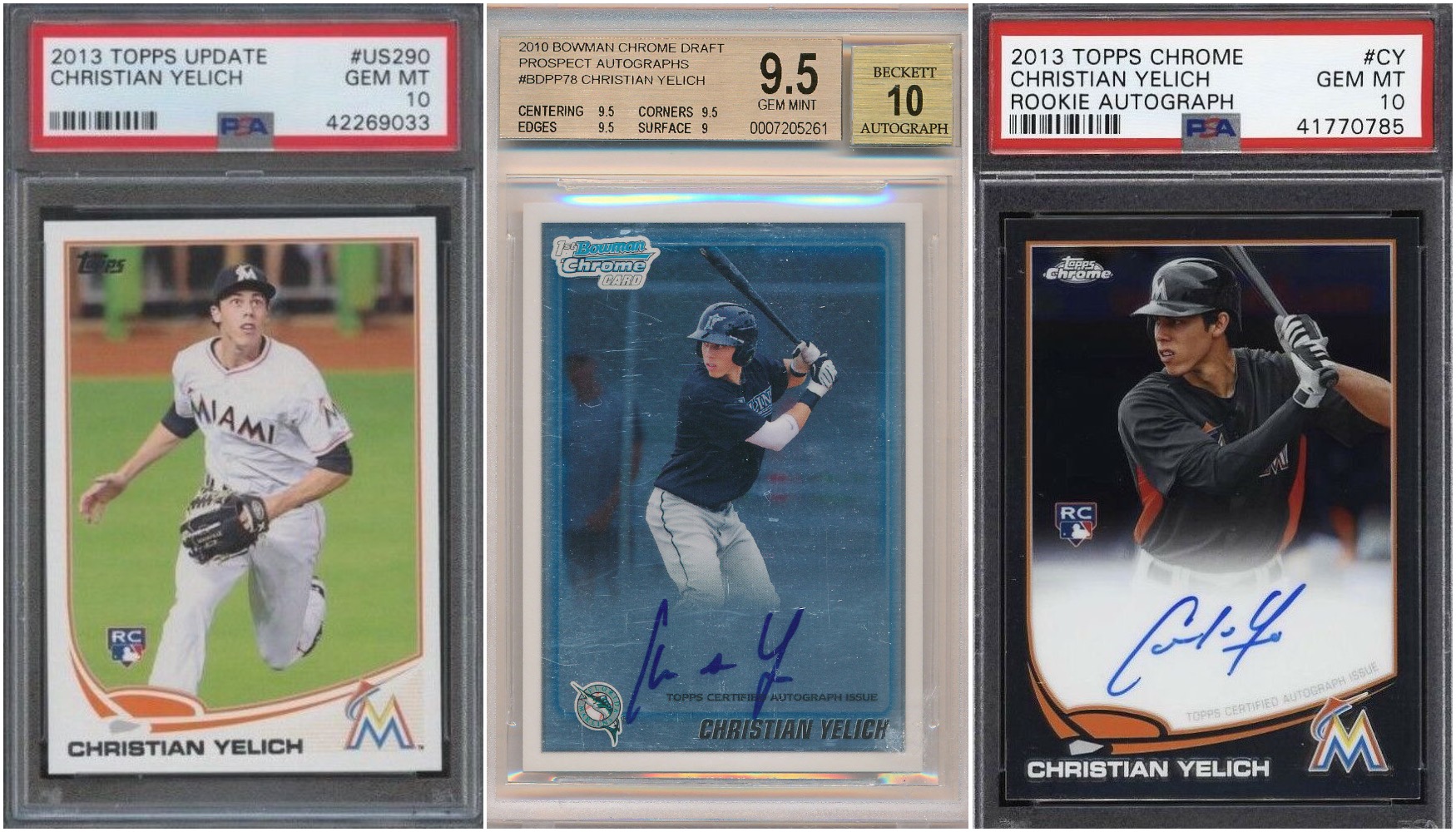 Graphic of three different Christian Yelich sports trading cards