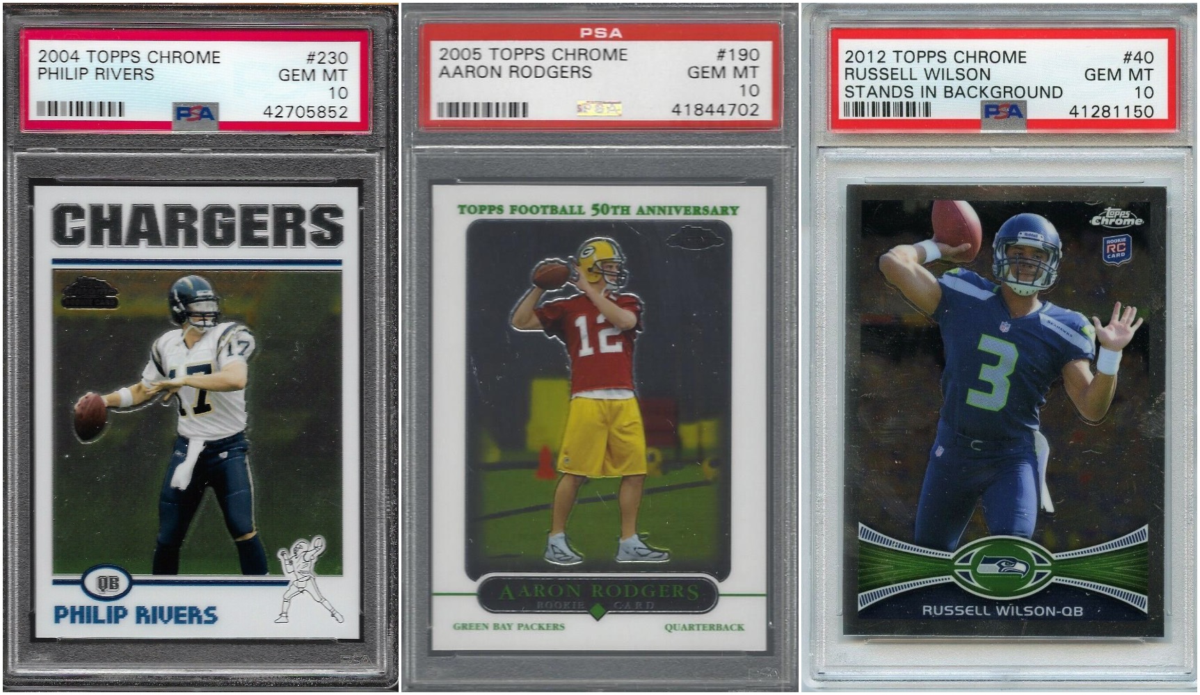 Three sports trading card images: Philip Rivers, Aaron Rodgers, and Russell Wilson
