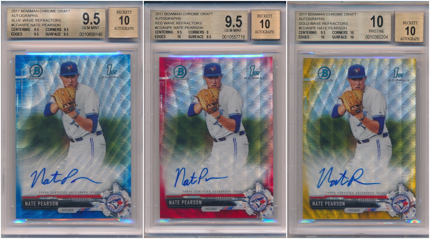 Three images of Nate Pearson sports trading cards